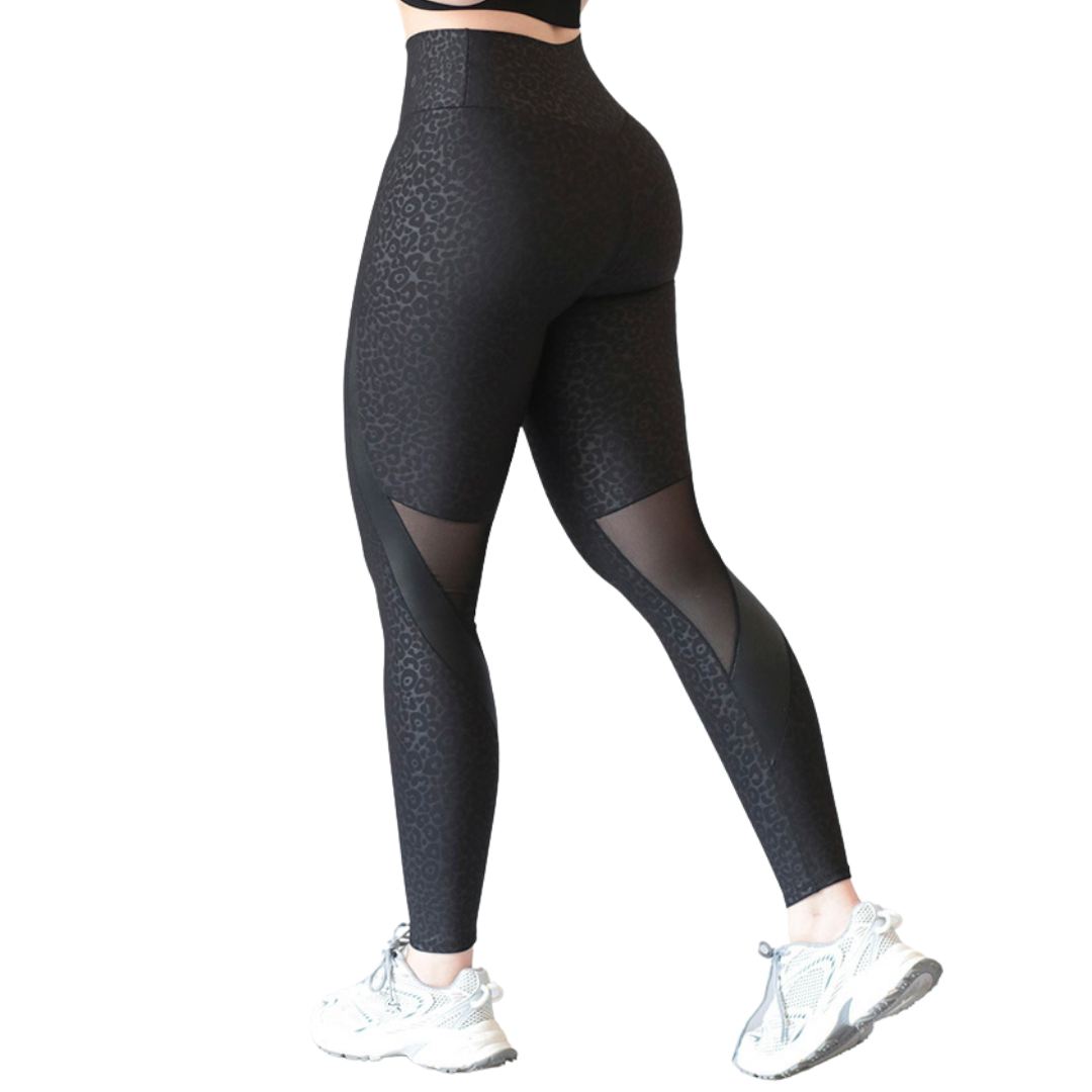 Leggings Deportivos para Mujer Fitness: Efecto Básico, Cintura Alta, Textil Lycra Transpirable con Relieves Print, Color Negra | Adriana Olimpo