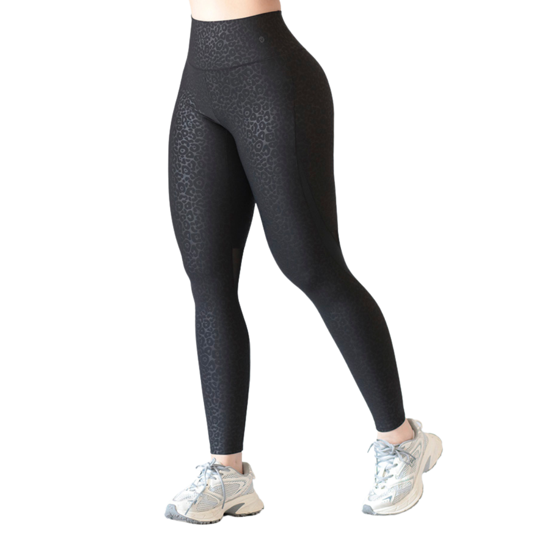 Leggings Deportivos para Mujer Fitness: Efecto Básico, Cintura Alta, Textil Lycra Transpirable con Relieves Print, Color Negra | Adriana Olimpo