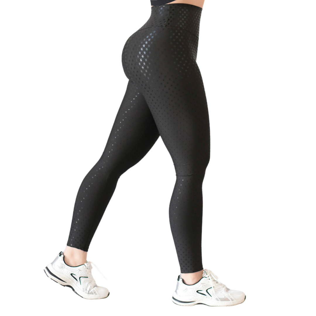 Leggings Deportivos para Mujer Fitness: Efecto Push Up, Cintura Alta, Textil Lycra Transpirable con Destellos Reflectantes✨ y Relieves de Estrellas, Color Negro | Adriana Olimpo