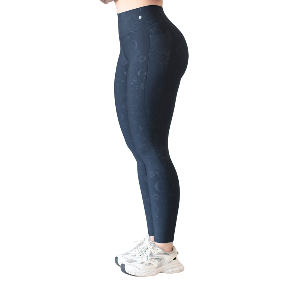 Leggings Deportivos para Mujer Fitness: Efecto Push Up, Cintura Alta, Con Bolsillos Laterales, Textil Lycra Transpirable con Relieves Estelar, Color Azul | Adriana Olimpo
