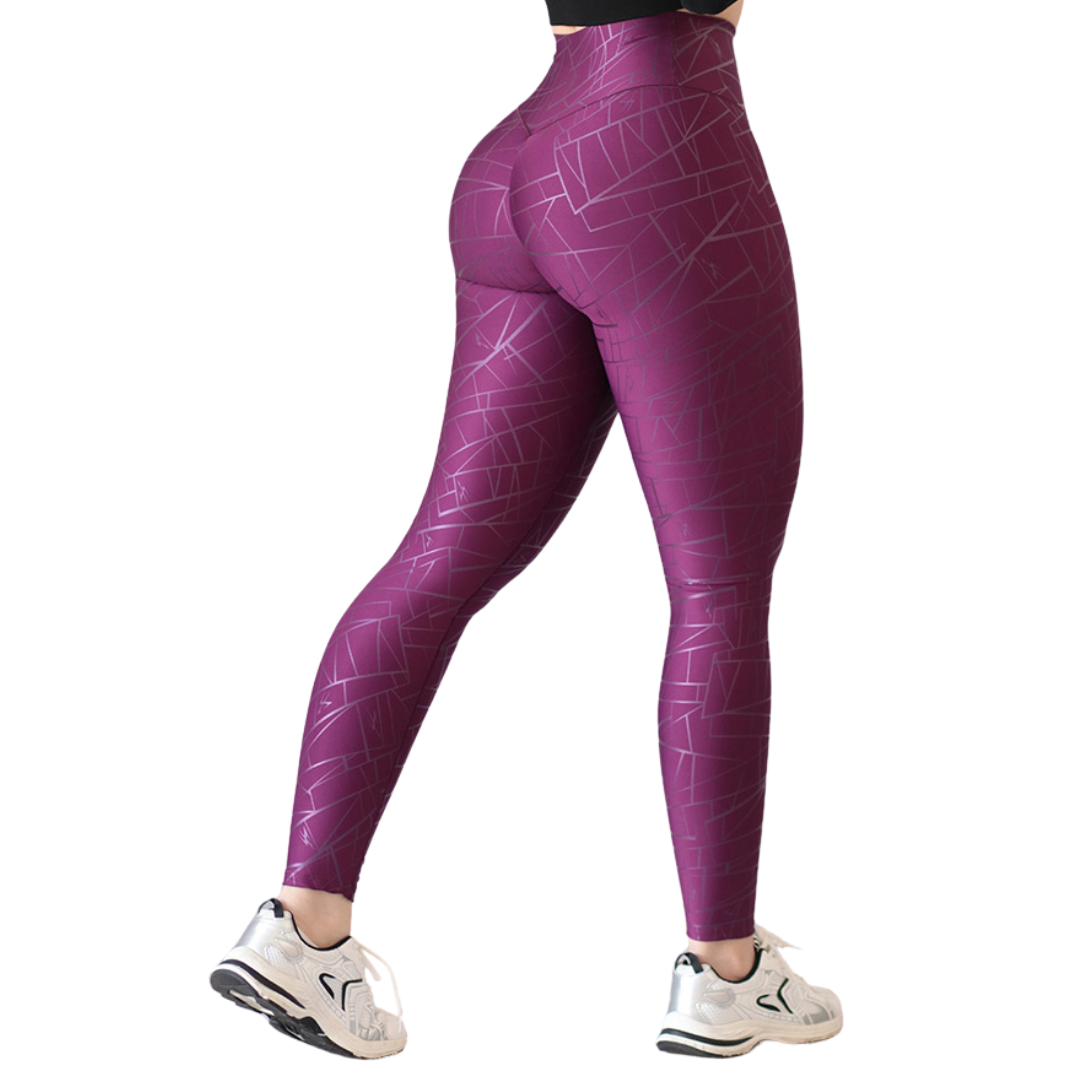 Leggings Deportivos para Mujer Fitness: Efecto Push Up, Cintura Alta, Textil Lycra Transpirable con Destellos Reflectantes✨ y Relieves de Líneas, Color Purpura | Adriana Olimpo