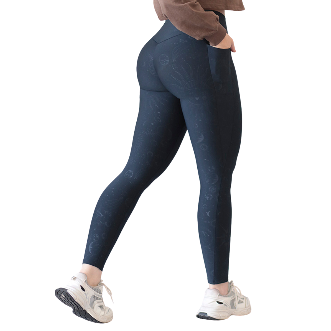 Leggings Deportivos para Mujer Fitness: Efecto Push Up, Cintura Alta, Con Bolsillos Laterales, Textil Lycra Transpirable con Relieves Estelar, Color Azul | Adriana Olimpo