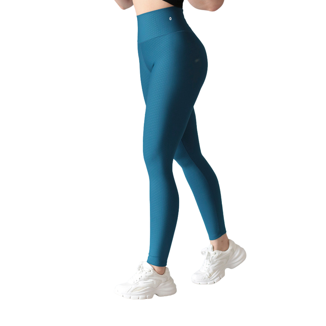 Leggings deportivos supplex para mujer, efecto push up con cintura alta, textil lycra transpirable con relieves de sirena. Color azul petroleo | Adriana Olimpo