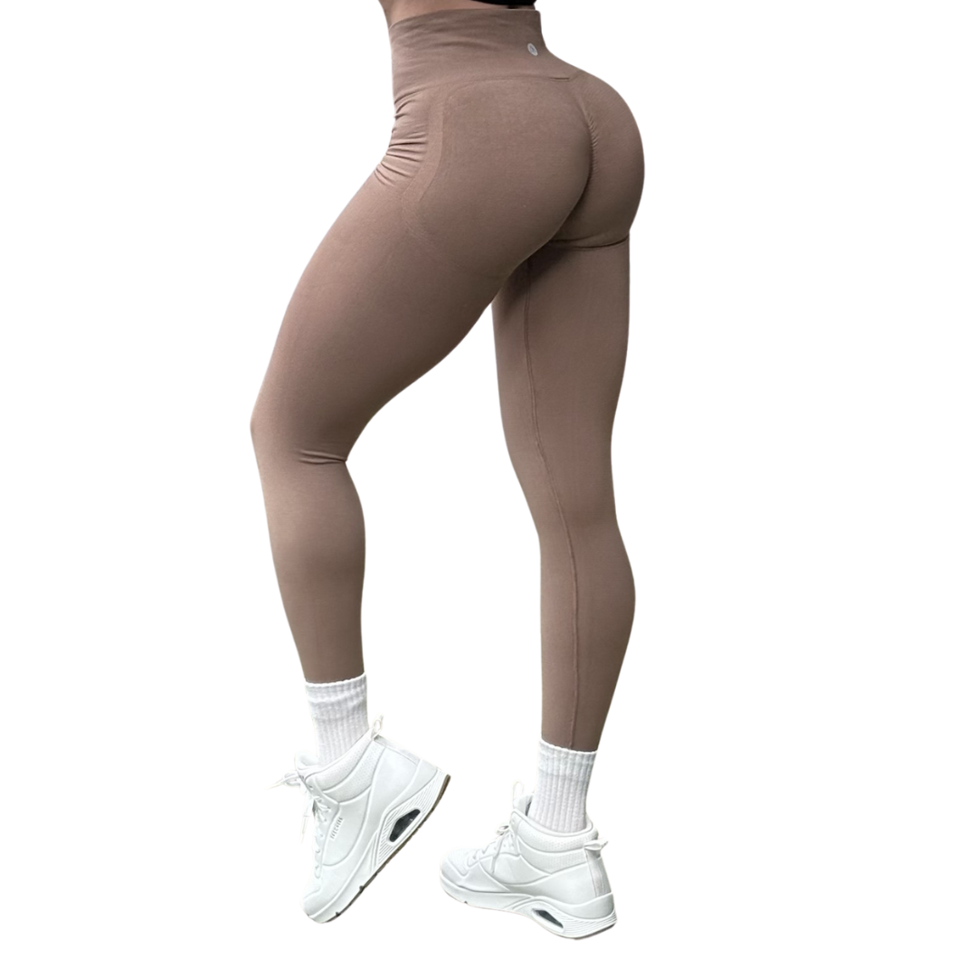 Leggings Deportivos Seamless de Compresión para Mujer Fitness: Glúteos Redondos, Vientre Plano y Cintura Definida | Push Up + Compresión Faja, Ultra Cómodos y Sin Costuras, Color Marrón Sepia | Adriana Olimpo