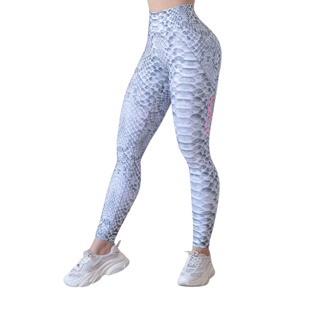 Leggings Deportivos para Mujer Fitness: Efecto Básico, Cintura Alta, Textil Lycra Transpirable con Acabado Liso Reptil, Blanco | Adriana Olimpo
