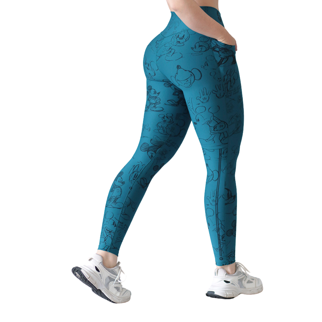 Leggings Deportivos para Mujer Fitness: Efecto Básico, Cintura Alta, Con Bolsillos Laterales, Textil Lycra Transpirable con Acabado Liso Mickey Mose, Color Azul Turquesa| Adriana Olimpo