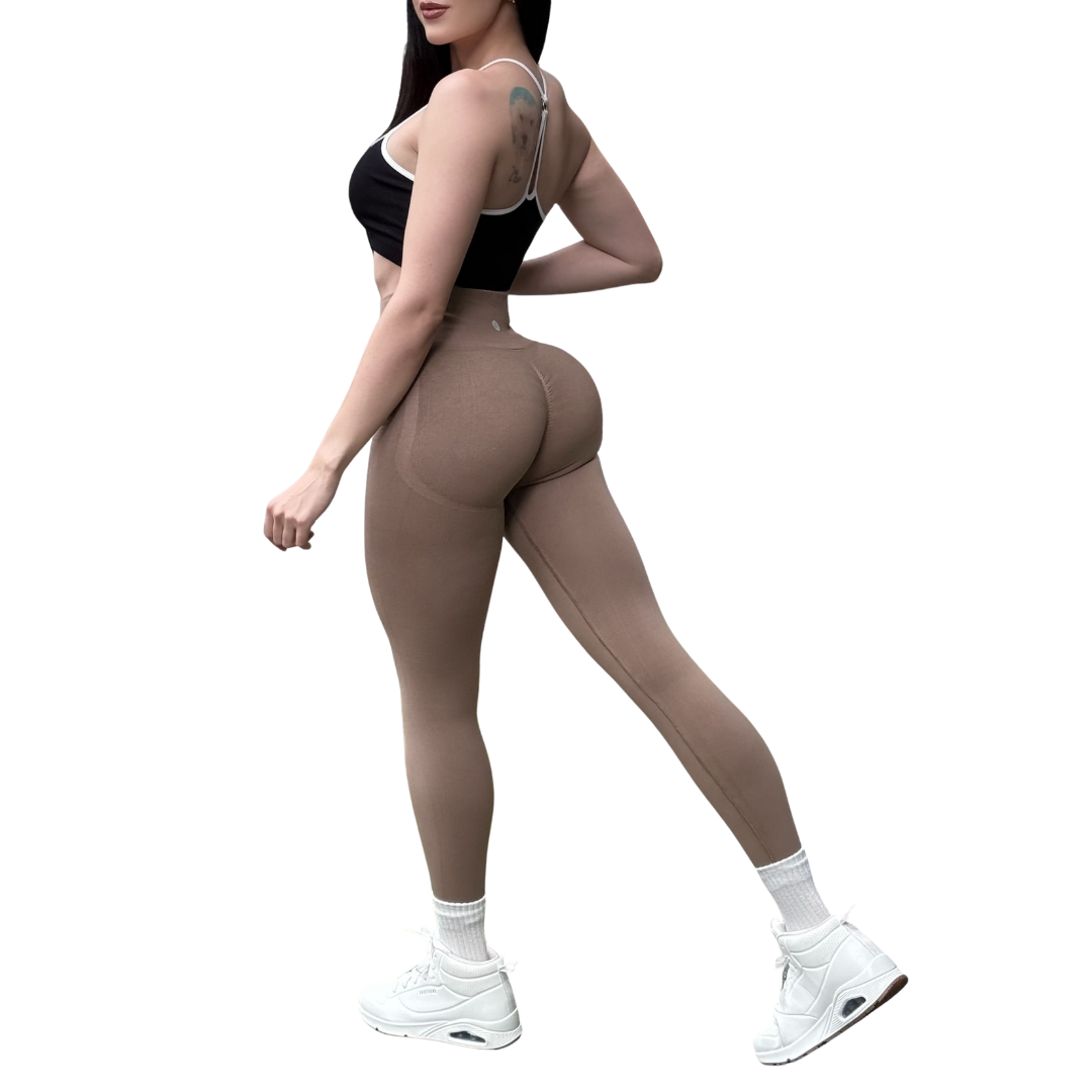 Leggings Deportivos Seamless de Compresión para Mujer Fitness: Glúteos Redondos, Vientre Plano y Cintura Definida | Push Up + Compresión Faja, Ultra Cómodos y Sin Costuras, Color Marrón Sepia | Adriana Olimpo