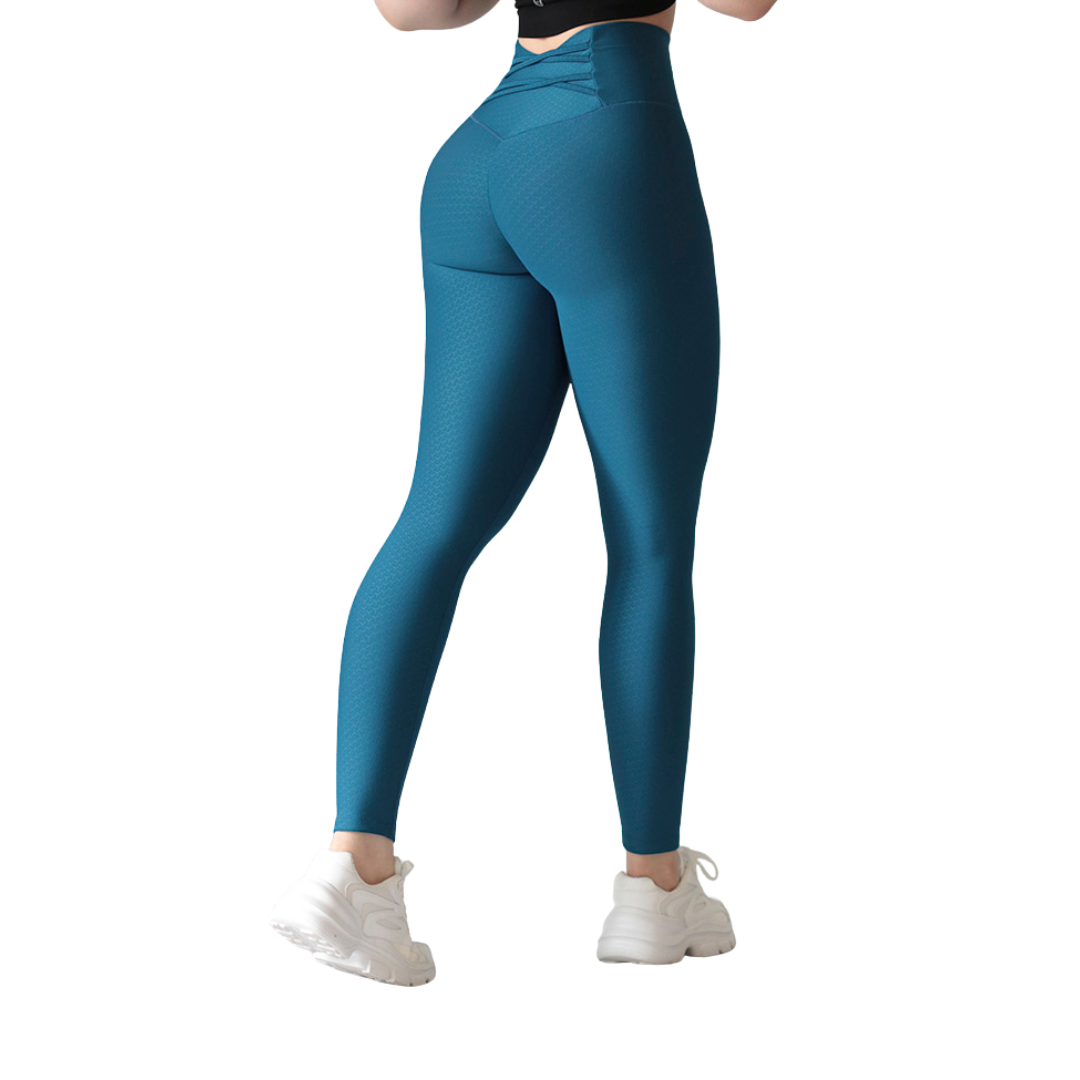Leggings deportivos supplex para mujer, efecto push up con cintura alta, textil lycra transpirable con relieves de sirena. Color azul petroleo | Adriana Olimpo