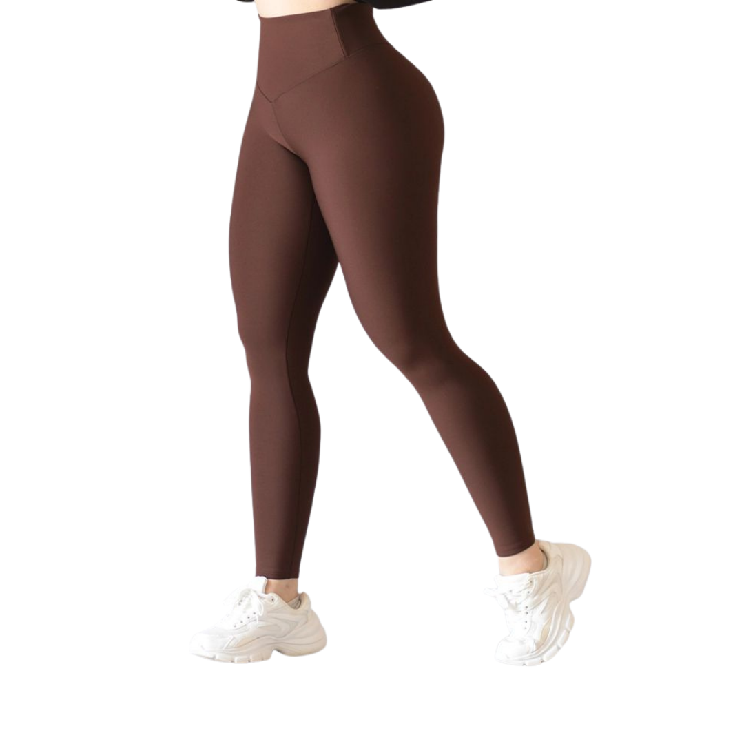 Leggings deportivos supplex para mujer, efecto push up con cintura alta, textil lycra transpirable con acabado liso. Color café | Adriana Olimpo