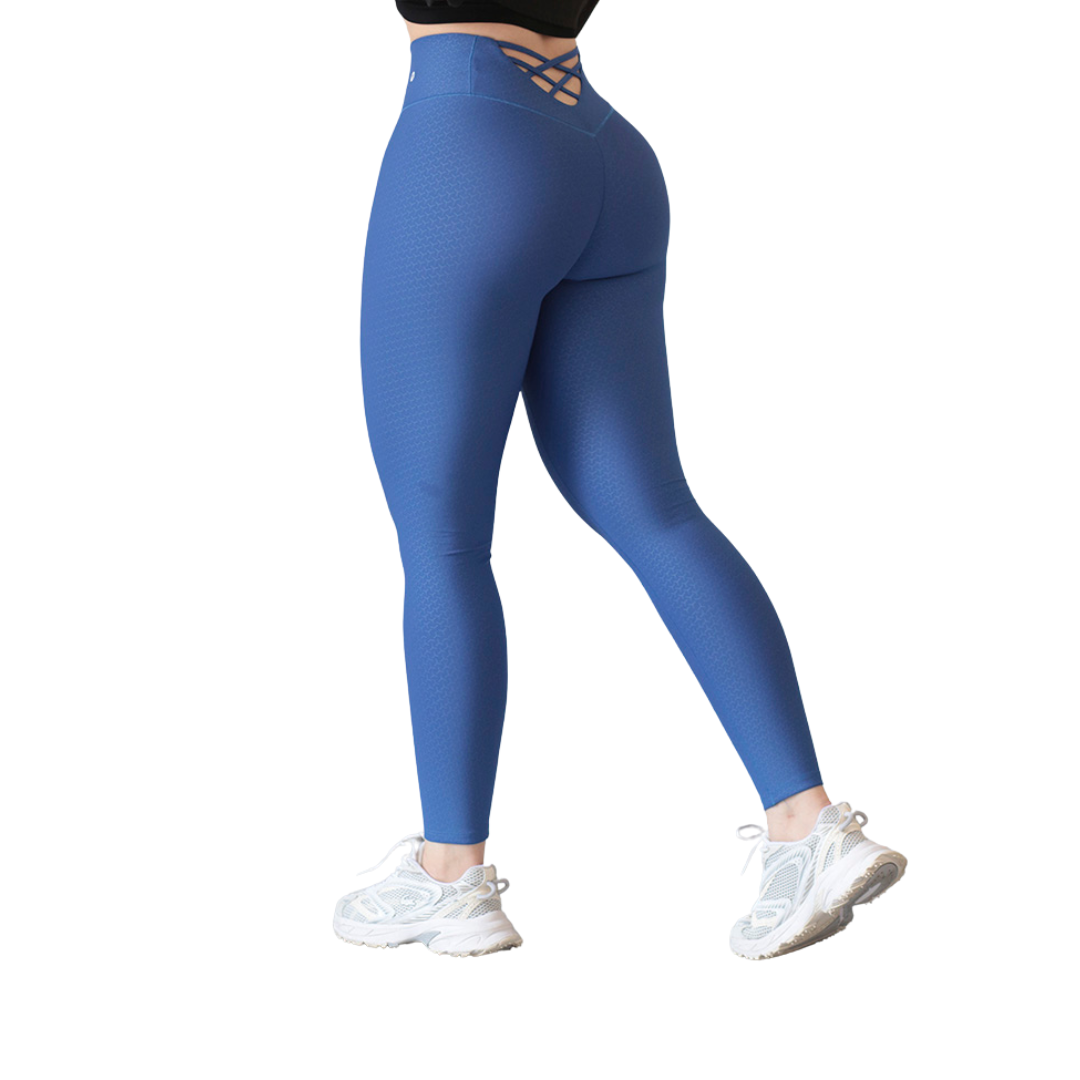 Leggings deportivos Suplex para mujer, efecto básico con cintura alta, textil lycra transpirable con relieves de Y. Color azul real | Adriana Olimpo
