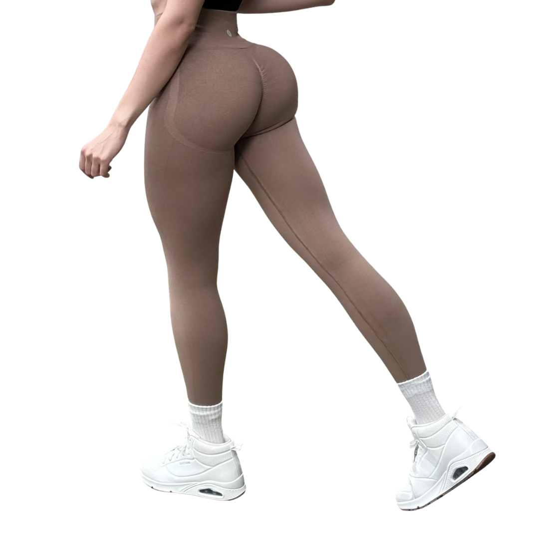 Leggings Deportivos Seamless de Compresión para Mujer Fitness: Glúteos Redondos, Vientre Plano y Cintura Definida | Push Up + Compresión Faja, Ultra Cómodos y Sin Costuras, Color Marrón Sepia | Adriana Olimpo