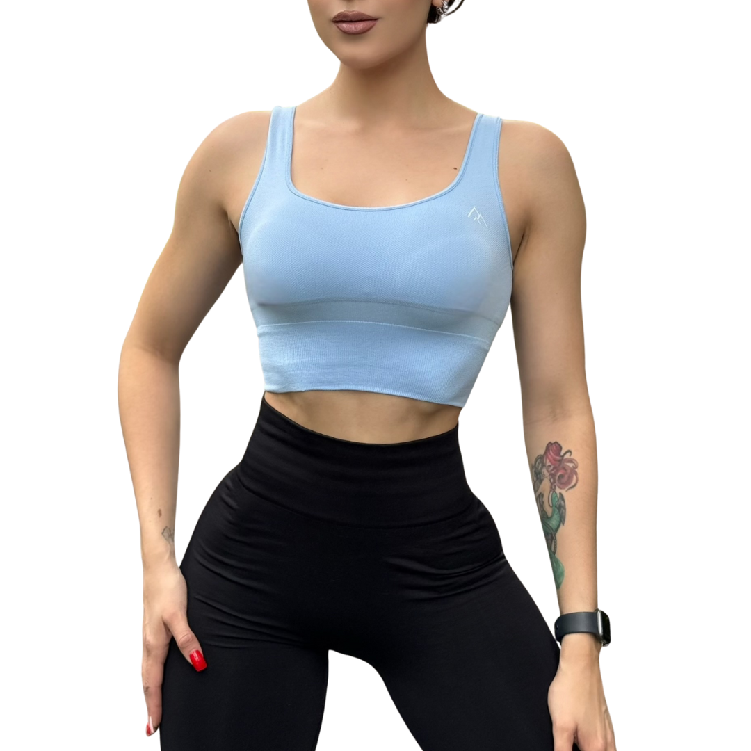 Top para Mujer Fitness: Efecto Alto Impacto Con Copas, Ajuste Perfecto, Textil Liso, Transpirable, Color Azul | Adriana Olimpo
