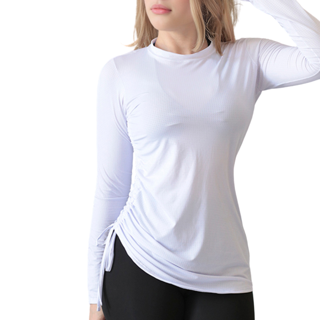 Blusa deportiva para mujer, manga larga, textil lycra transpirable microperforada, Color blanco | Adriana Olimpo