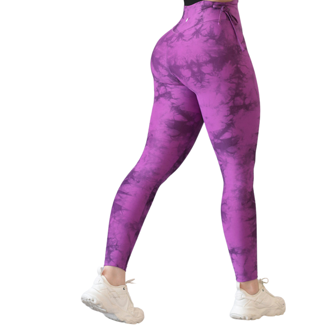 Leggings Deportivos para Mujer Fitness: Efecto Básico, Cintura Alta, Textil Lycra Transpirable con Acabado Liso Tie Dye, Color Morado | Adriana Olimpo