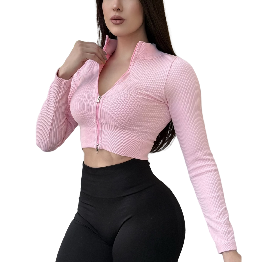 🔹 Chamarra deportiva manga larga | Transpirable, Relieves – Baby Pink