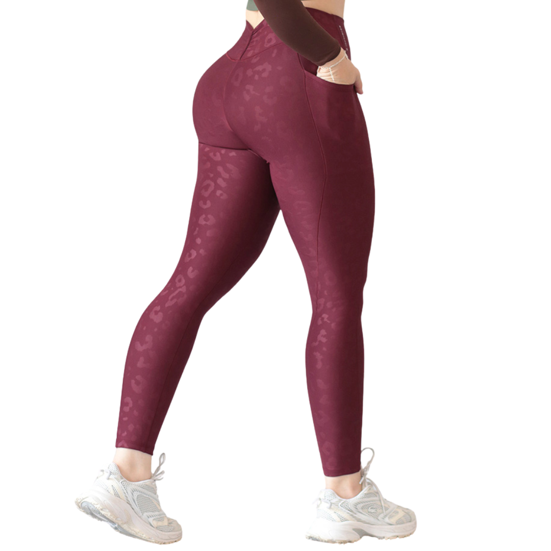 Leggings Deportivos para Mujer Fitness: Efecto Básico, Cintura Alta, Con Bolsillos Laterales, Textil Lycra Transpirable con Relieves Leopardo, Color Tinta | Adriana Olimpo