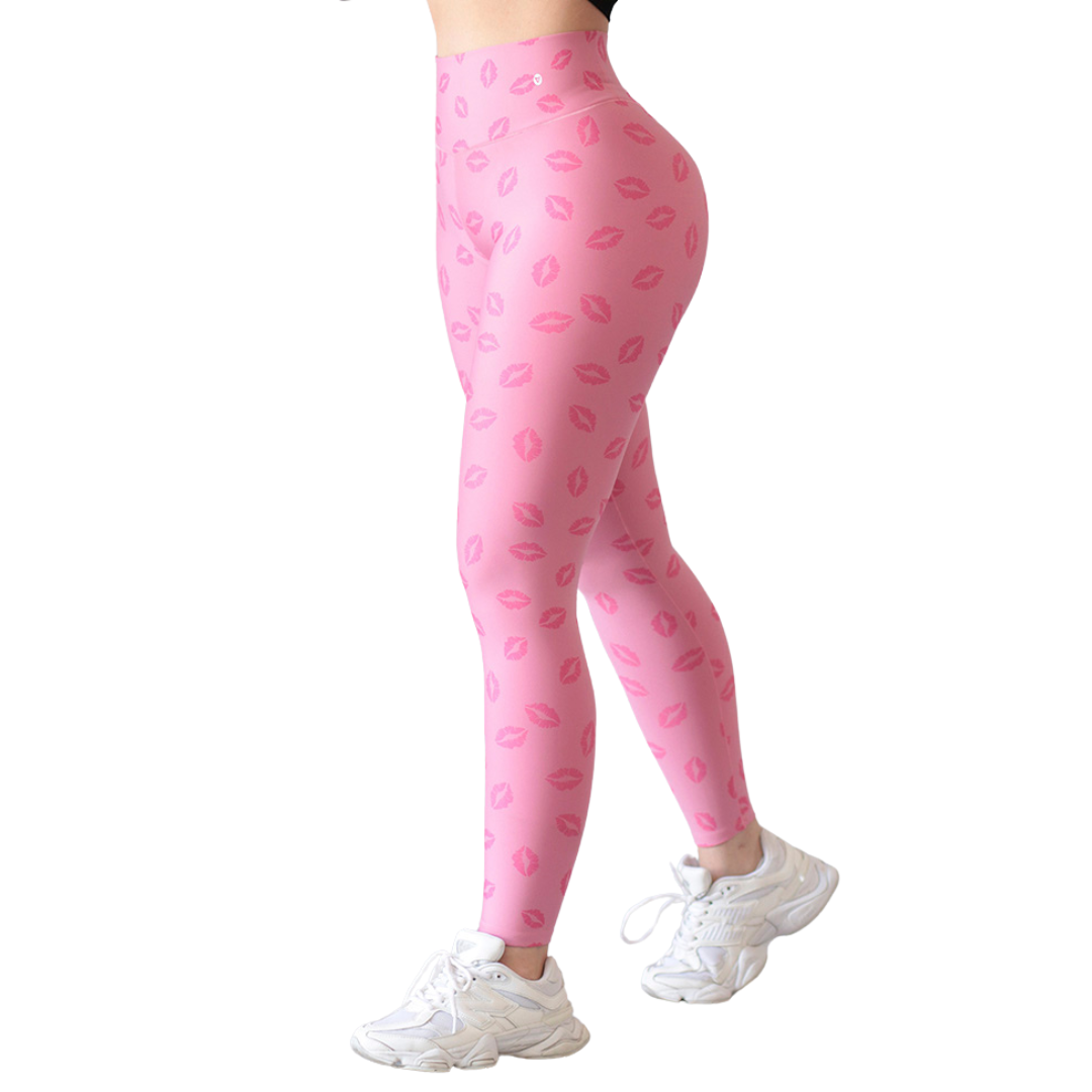 Leggings Deportivos para Mujer Fitness: Efecto Push Up, Cintura Alta, Textil Lycra Transpirable con Acabado Liso Besitos, Color Rosas | Adriana Olimpo