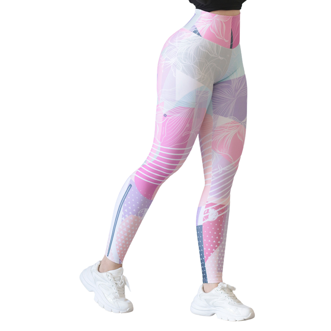 Leggings deportivos supplex para mujer, efecto push up con cintura alta, textil lycra transpirable con acabado liso multicolor. Color rosas | Adriana Olimpo