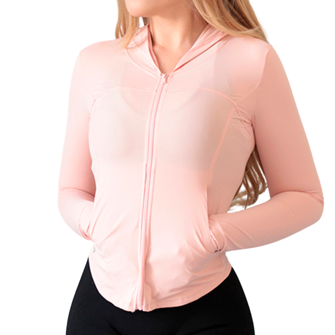 Chamarra Deportiva para Mujer Fitness: Manga Larga, Con gorro Textil Lycra Transpirable con Acabado Liso, Color Melocoton| Adriana Olimpo