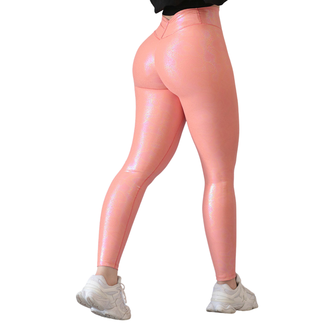 Leggings Deportivos para Mujer Fitness: Efecto Push Up, Cintura Alta, Textil Lycra Transpirable con Destellos Reflectantes✨ y Relieves Tornasol, Color Melón | Adriana Olimpo