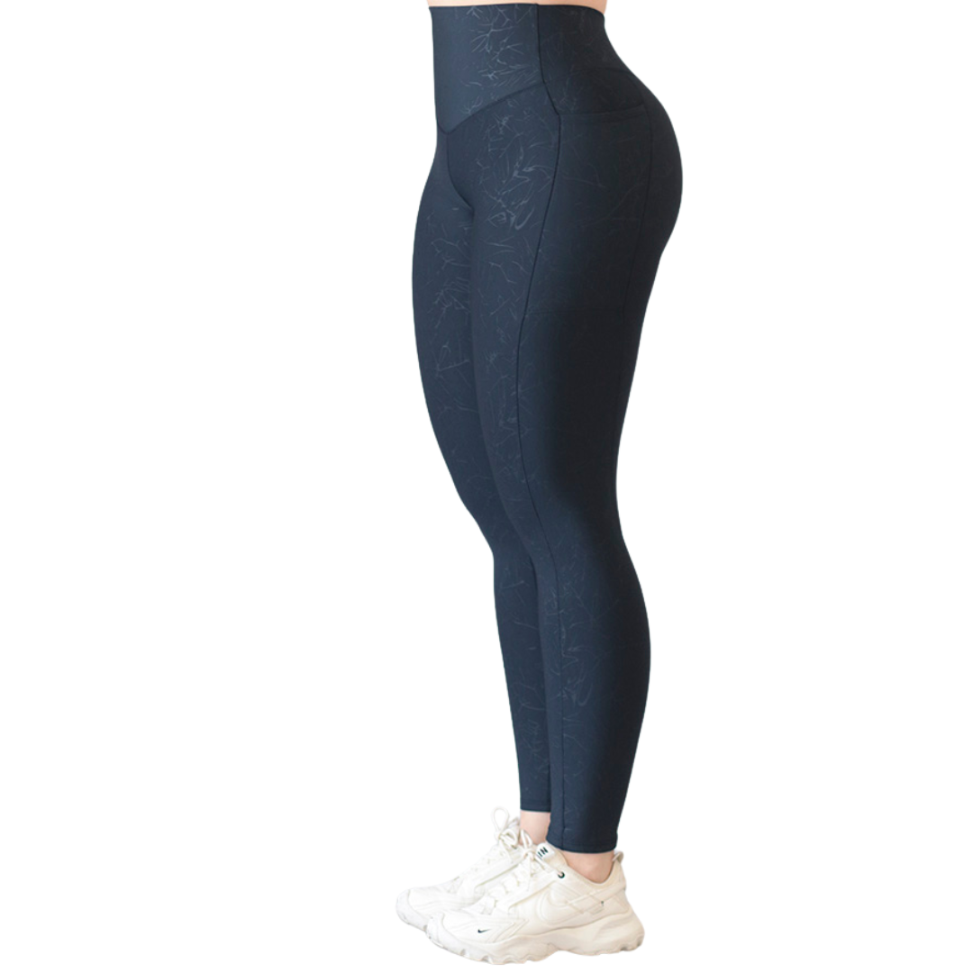 Leggings Deportivos para Mujer Fitness: Efecto Básico, Cintura Alta, Con Bolsillos Laterales, Textil Lycra Transpirable con Relieves de Rayos, Color Azul | Adriana Olimpo
