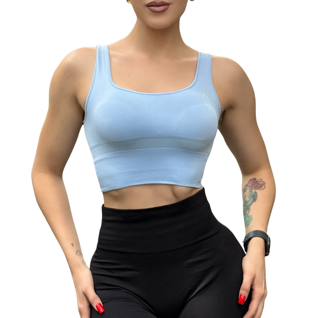Top para Mujer Fitness: Efecto Alto Impacto Con Copas, Ajuste Perfecto, Textil Liso, Transpirable, Color Azul | Adriana Olimpo