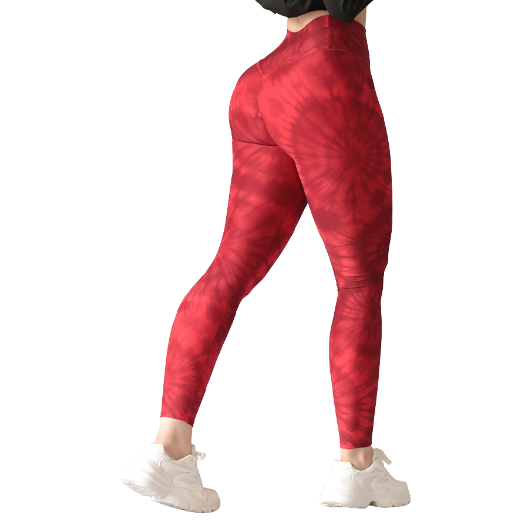 Leggings deportivos supplex para mujer, efecto push up con cintura alta, textil lycra transpirable con acabado liso tie day. Color rojo | Adriana Olimpo