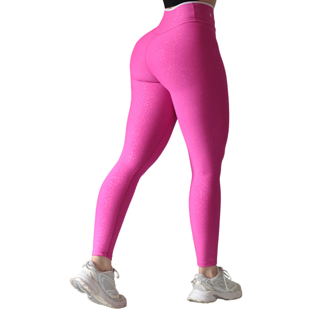 Leggings deportivos supplex para mujer, efecto básico con cintura alta, textil lycra transpirable con relieves de mini print. Color rosa neón | Adriana Olimpo