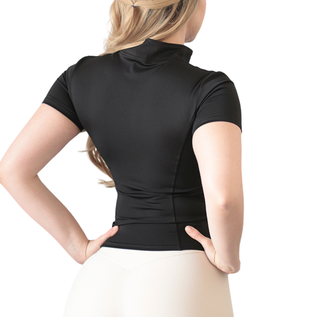 Blusa Deportiva para Mujer Fitness: Manga Corta, Textil Lycra Transpirable con Acabado Liso, Color Negro | Adriana Olimpo.
