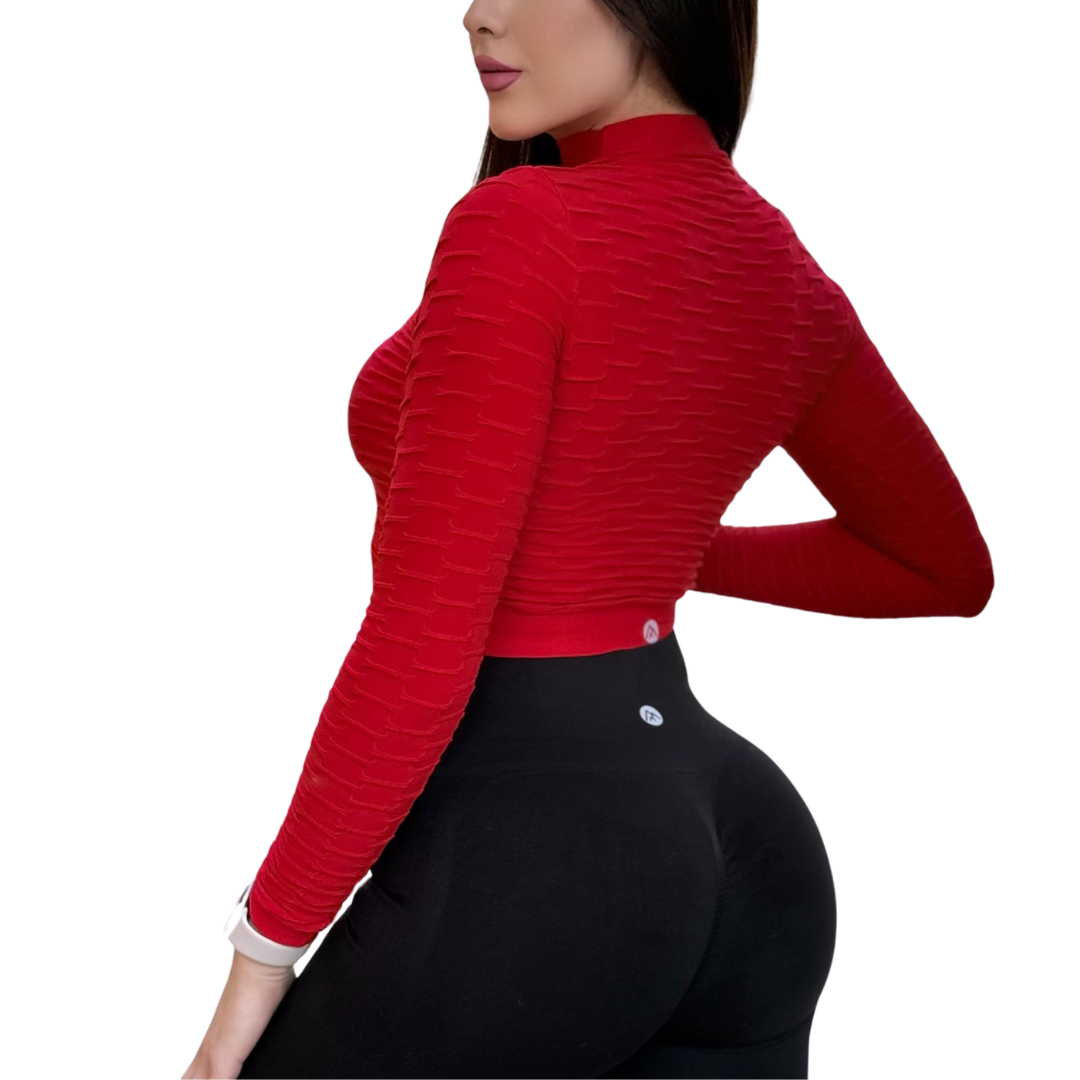 🔹 Blusa deportiva manga larga | Transpirable, Relieves – cereza