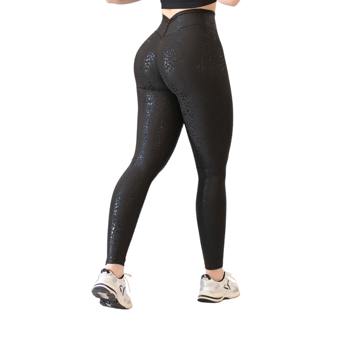 Leggings Deportivos para Mujer Fitness: Efecto Push Up, Cintura Alta, Textil Lycra Transpirable con Destellos Reflectantes ✨ y Relieves de Print, Color Negro | Adriana Olimpo