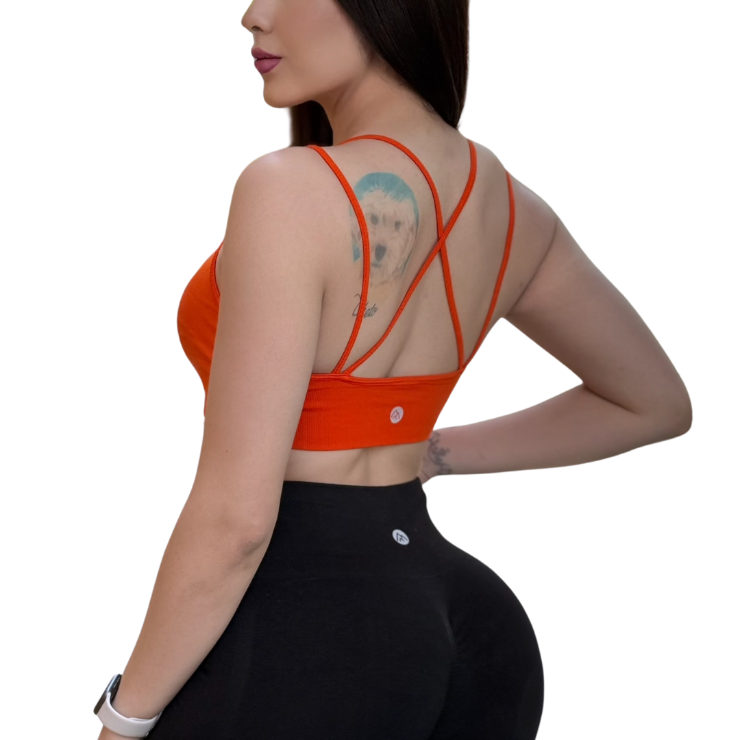 Top para Mujer Fitness: Copas Removilbles, Soporte Medio, Textil Liso Transpirable, Color Orange | Adriana Olimpo