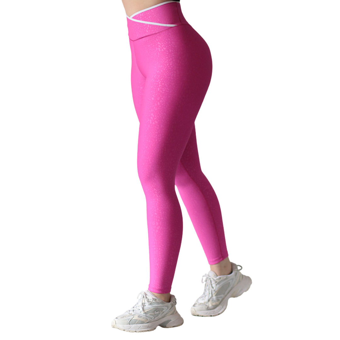 Leggings deportivos supplex para mujer, efecto básico con cintura alta, textil lycra transpirable con relieves de mini print. Color rosa neón | Adriana Olimpo