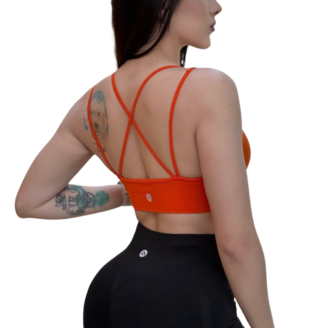 Top para Mujer Fitness: Copas Removilbles, Soporte Medio, Textil Liso Transpirable, Color Orange | Adriana Olimpo