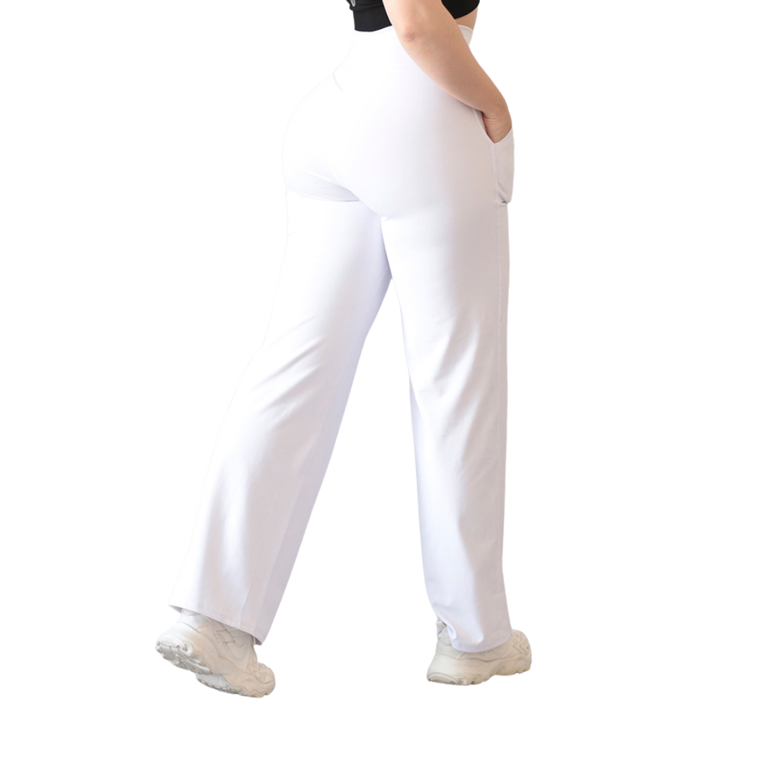 Pants Deportivos para Mujer Fitness: Efecto Básico, Cintura Alta, Con Bolsillos Laterales, Textil Lycra Transpirable con Acabado Liso, Color Blanco | Adriana Olimpo