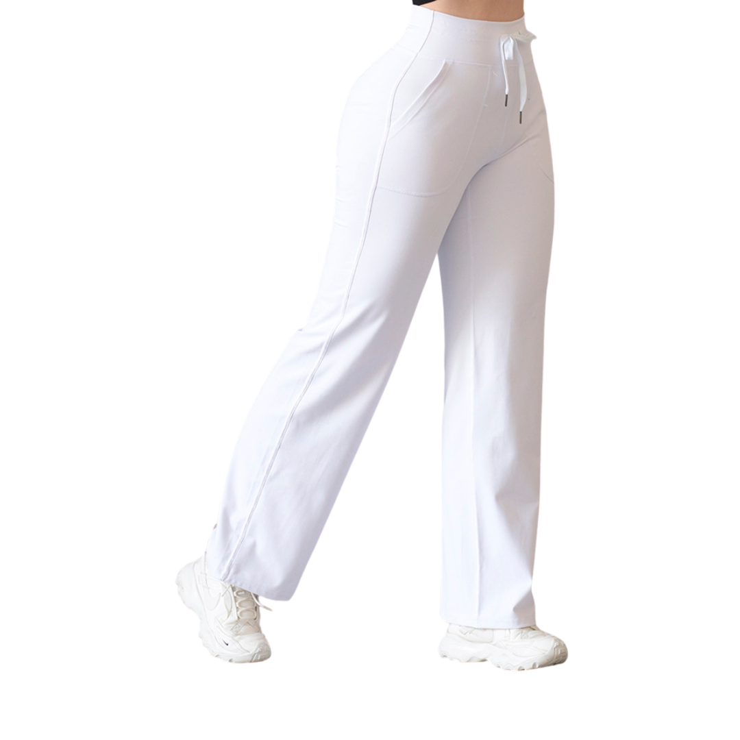 Pants Deportivos para Mujer Fitness: Efecto Básico, Cintura Alta, Con Bolsillos Laterales, Textil Lycra Transpirable con Acabado Liso, Color Blanco | Adriana Olimpo
