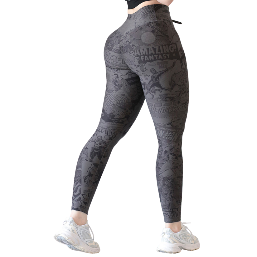 Leggings Deportivos Suplex para Mujer Fitness: Efecto Push Up, Cintura Alta, Textil Lycra Transpirable con Acabado Liso Avengers, Color Gris | Adriana Olimpo