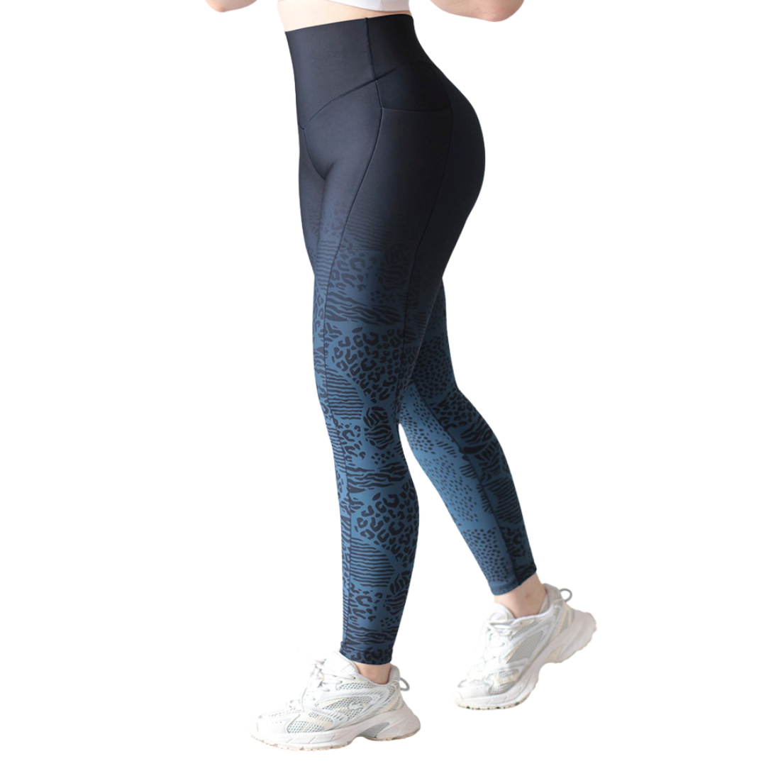 Leggings deportivos para mujer, efecto básico con cintura alta, bolsillos laterales y textil lycra transpirable con acabado liso print. Color verde degradado | Adriana Olimpo
