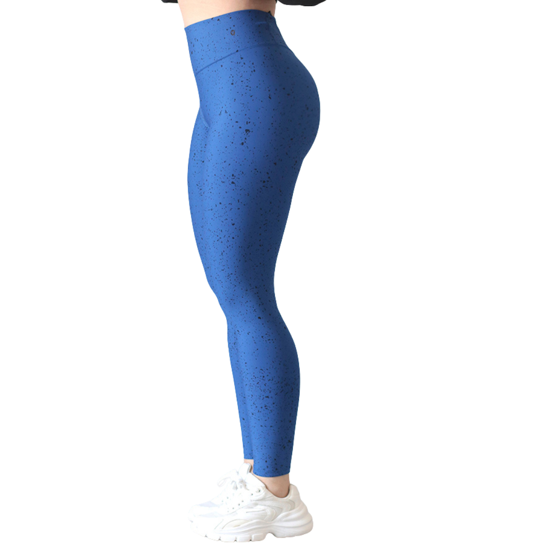 Leggings deportivos supplex para mujer, efecto push up con cintura alta, textil lycra transpirable con acabado liso chispiado. Color azul | Adriana Olimpo