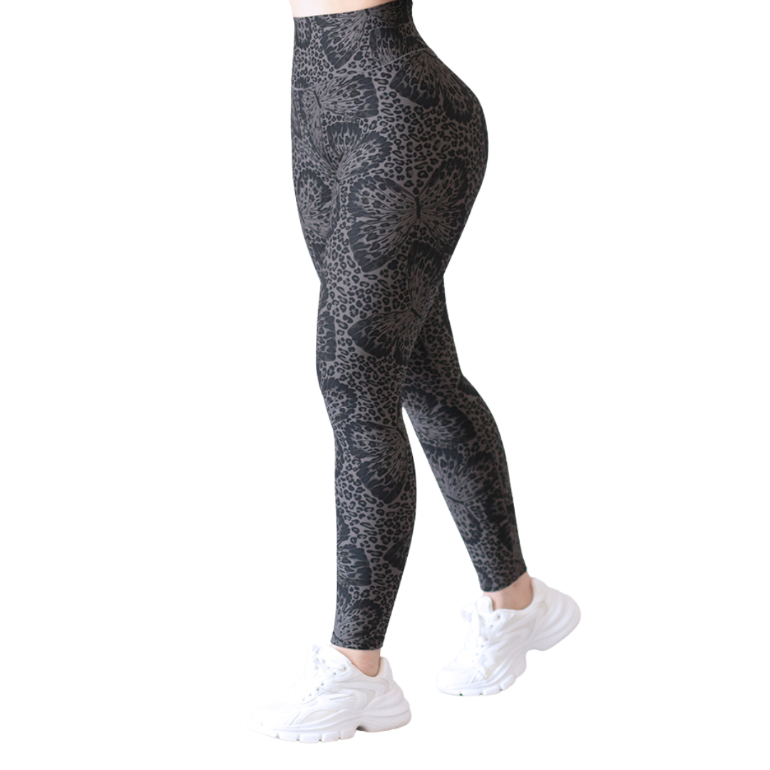 Leggings deportivos supplex para mujer, efecto push up con cintura alta, textil lycra transpirable con acabado liso mariposas . Color gris | Adriana Olimpo