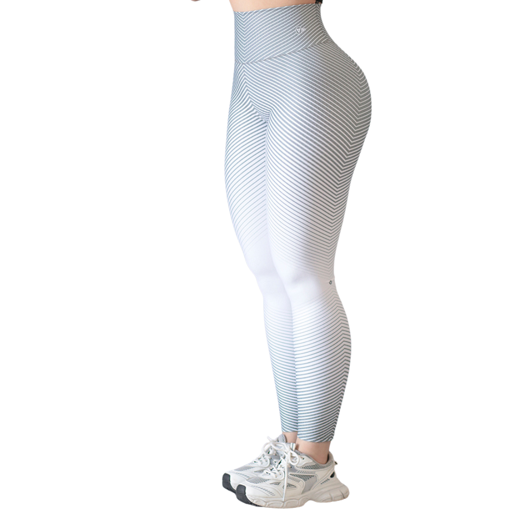 Leggings Deportivos para Mujer Fitness: Efecto Push Up, Cintura Alta, Textil Lycra Transpirable con Acabado Liso Degradado Líneas, Color Azul Blanco | Adriana Olimpo