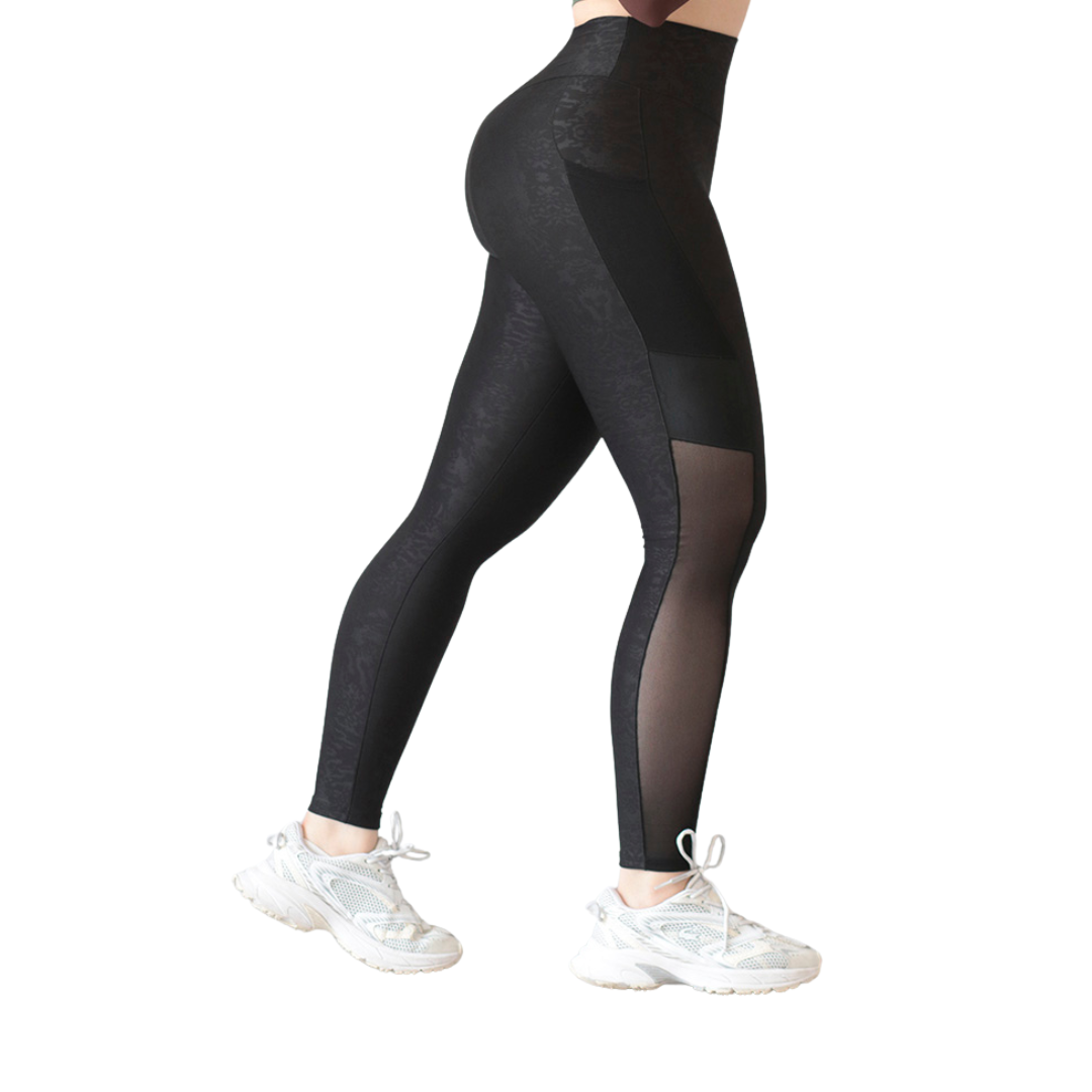 Leggings deportivos para mujer, efecto básico con cintura alta, textil lycra transpirable con relieves lopa. Color negro | Adriana Olimpo