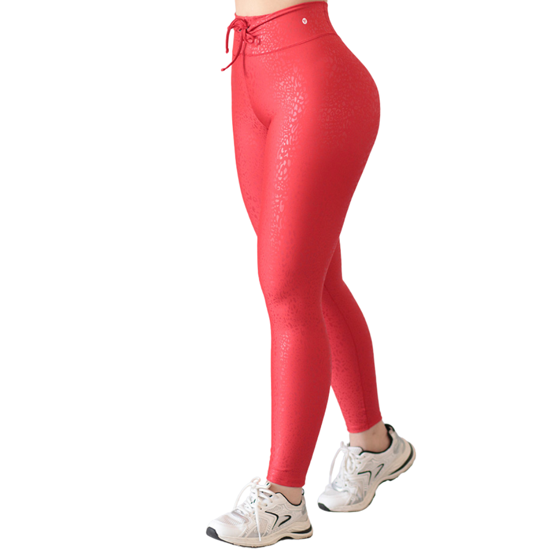Leggings Deportivos para Mujer Fitness: Efecto Push Up, Cintura Alta, Textil Lycra Transpirable con Destellos Reflectantes✨ y Relieves Mini Print, Color Rojo Caramelo | Adriana Olimpo