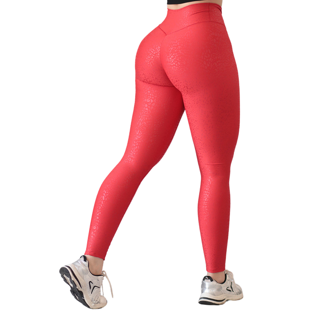 Leggings Deportivos para Mujer Fitness: Efecto Push Up, Cintura Alta, Textil Lycra Transpirable con Destellos Reflectantes✨ y Relieves Mini Print, Color Rojo Caramelo | Adriana Olimpo