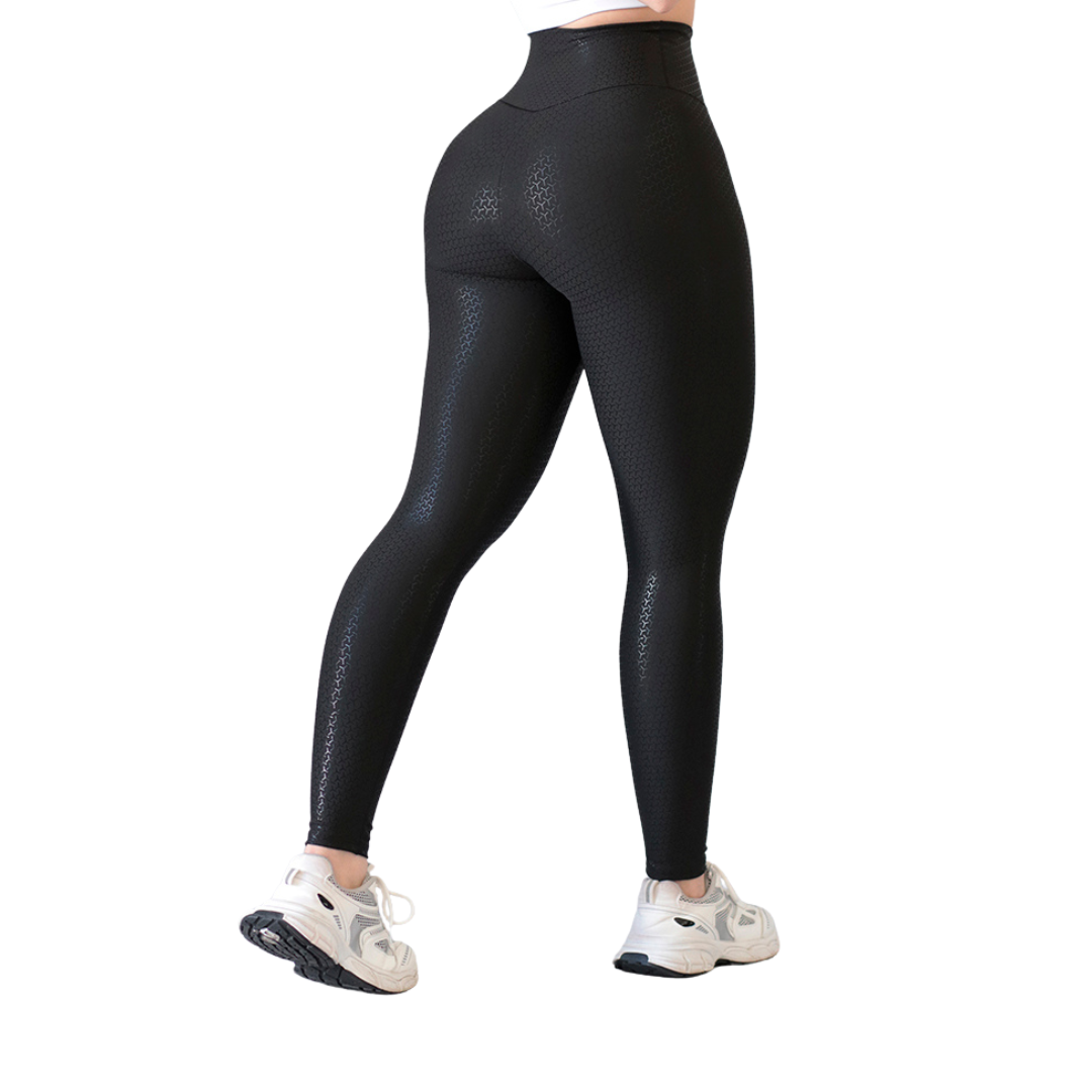 Leggings Deportivos para Mujer Fitness: Efecto Básico, Cintura Alta, Textil Lycra Transpirable con Destellos Reflectantes✨ y Relieves Y, Color Negro | Adriana Olimpo