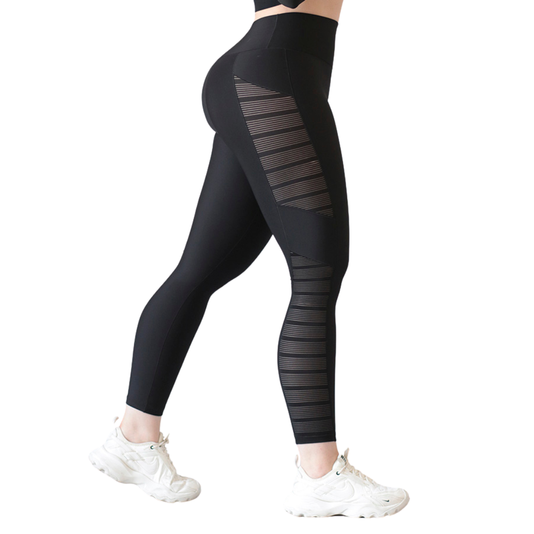 Leggings Deportivos para Mujer Fitness: Efecto Básico, Cintura Alta, Textil Lycra Transpirable con Acabado Liso, Color Negro Mesh | Adriana Olimpo