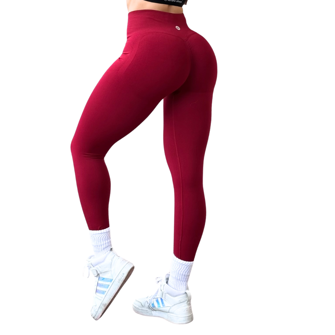Leggings Deportivos Seamless de Compresión para Mujer Fitness: Glúteos Redondos, Vientre Plano y Cintura Definida | Push Up + Compresión Faja, Ultra Cómodos y Sin Costuras, Color Sangría | Adriana Olimpo