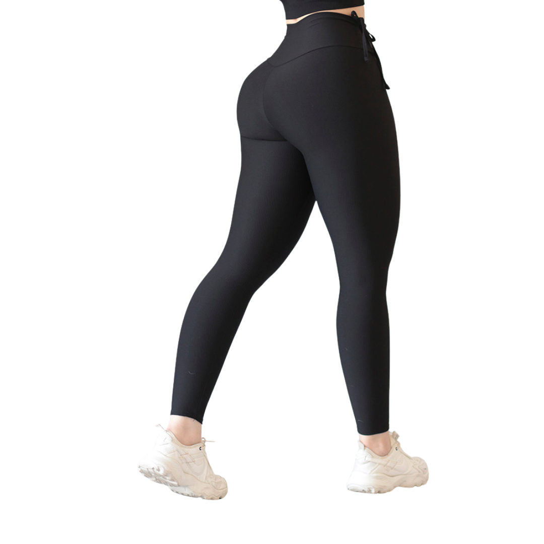 Leggings Deportivos para Mujer Fitness: Efecto Básico, Cintura Alta, Textil Lycra Transpirable con Relieves de Líneas, Color Negro | Adriana Olimpo