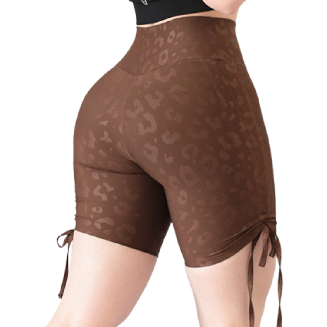 Shorts Biker Deportivos para Mujer Fitness: Efecto Básico, Cintura Alta, Textil Lycra Transpirable con Relieves Leopardo, Color Café | Adriana Olimpo