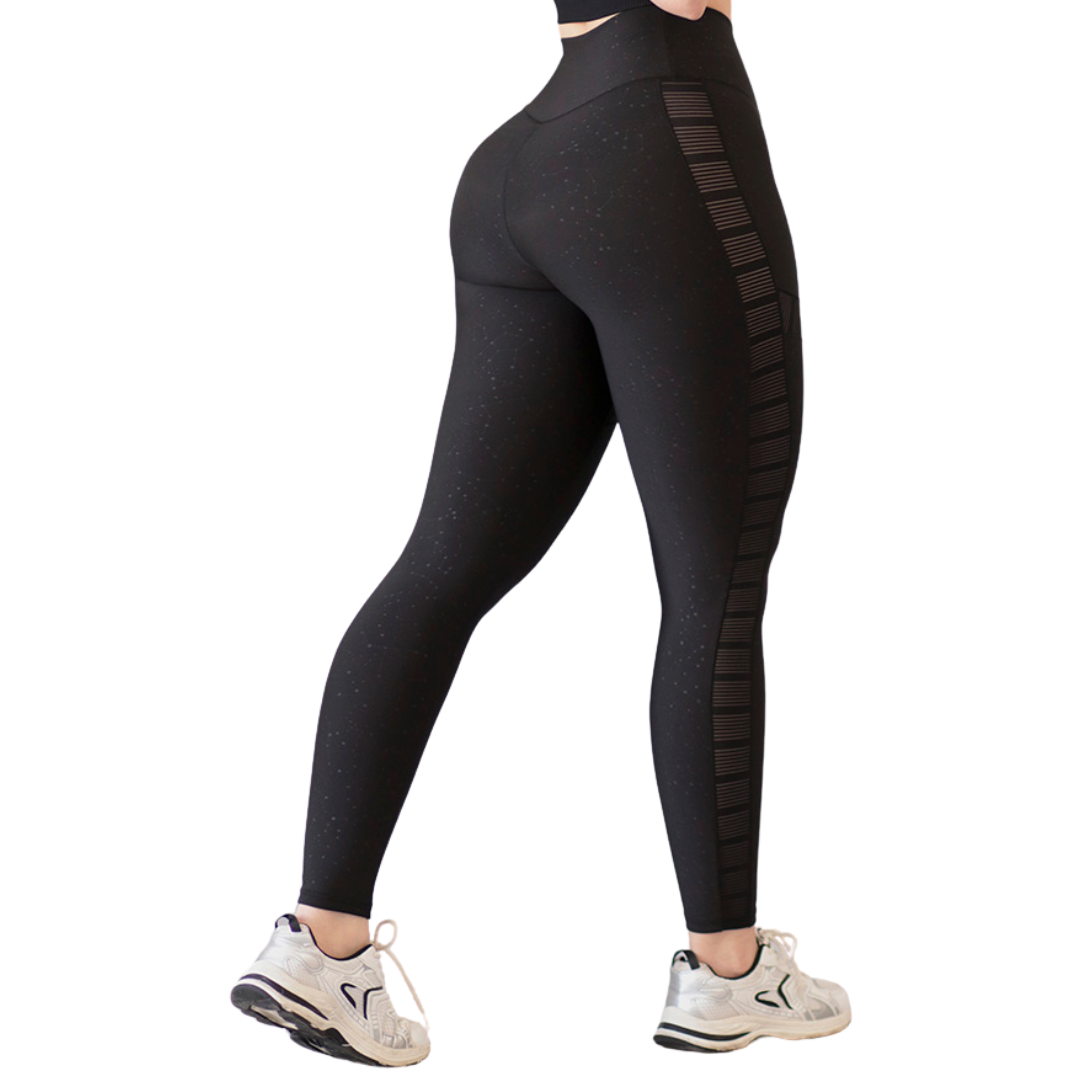 Leggings Deportivos para Mujer Fitness: Efecto Básico, Cintura Alta, Textil Lycra Transpirable con Relieves Estelar y Transparencia, Color Negro | Adriana Olimpo